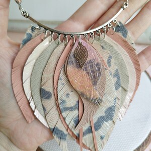 Leather necklace salmon pink leather feather necklace collar evening necklace western style necklace image 3