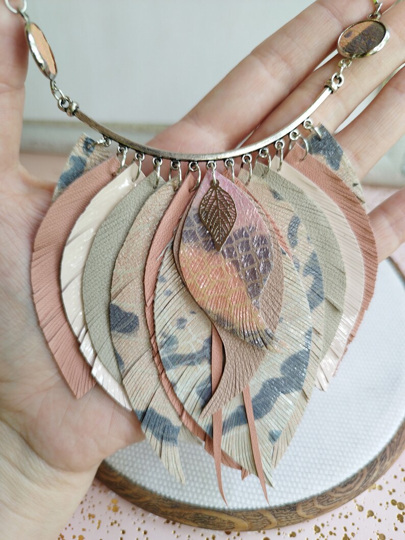 Leather necklace salmon pink leather feather necklace collar evening necklace western style necklace image 3