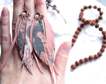 Long tender leather earrings Feather leather earrings Long pink earrings Salmon pink earrings powder leaf leather earrings Bohemian earrings