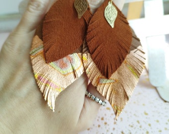 Sandy brown with gold foil earrings Leather earrings Leather feather earrings Bohemian earrings Long earrings  Handcut feather jewelry