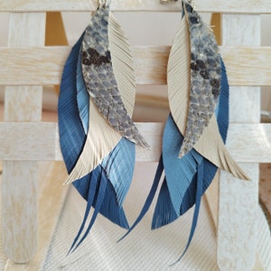 Blue Leather Feather Earrings: Long Boho Dangle Jewelry