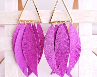 Long minimalist leather earrings hot pink leather feather earrings long earrings pink metallic feathers earrings leather long earrings boho