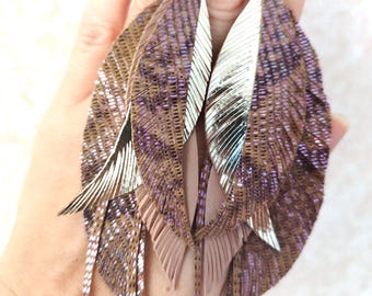 Beige Lilac Leather Feather Earrings: Long Bohemian Style
