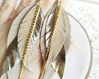 beige gold leather earrings long feather earrings feather earrings leather feathers earrings big leaf earrings western leather jewelry