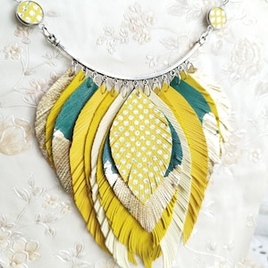 Leather necklace bright lime leather feather necklace evening necklace for women bib necklace summer jewelry