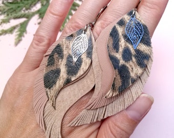 Leather wings earrings Feather earrings Beige animal print earrings Leather feather earrings Leather earrings Wings earrings