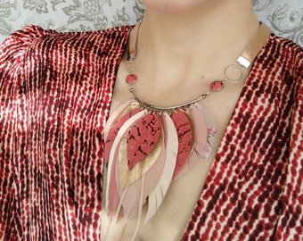 Leather necklace pink rose gold leather feather necklace evening necklace for women bib necklace summer jewelry collar necklace