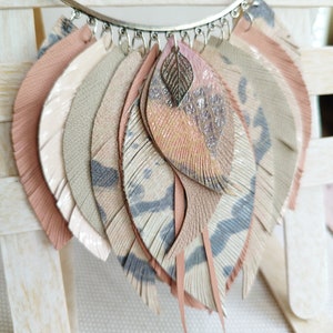 Leather necklace salmon pink leather feather necklace collar evening necklace western style necklace image 2
