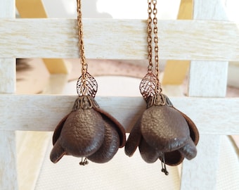 Brown leather earrings Flower earrings Bud leather earrings Brown cocktail earrings Statement earrings Dangle earrings Leather jewelry