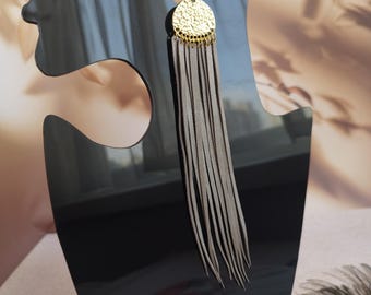 Extra Long Gray Leather Tassel Earrings with Gold Accent – Fringe Statement Jewelry