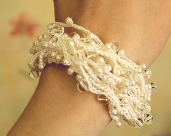 Multi strand bracelet Beaded bracelet Ivory bracelet Statement bracelet Glass bead bracelet Chunky Bracelet Crochet bracelet Soft bracelet