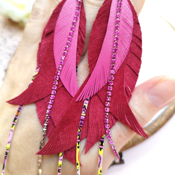 pendientes grandes de plumas de cuero pendientes de cuero de ante rosa oscuro pendientes de plumas pendientes boho pendientes largos de cuero