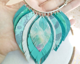 Leather necklace turquoise emerald mint leather feather necklace evening necklace western style necklace