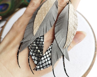 Gray silver long leather earrings large feather leather earrings feather earrings beige leather earrings