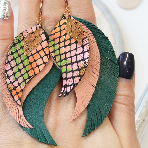 green pink leather earrings leather wings summer earrings feather wings earrings Leather feather earrings Leather earrings wings earrings