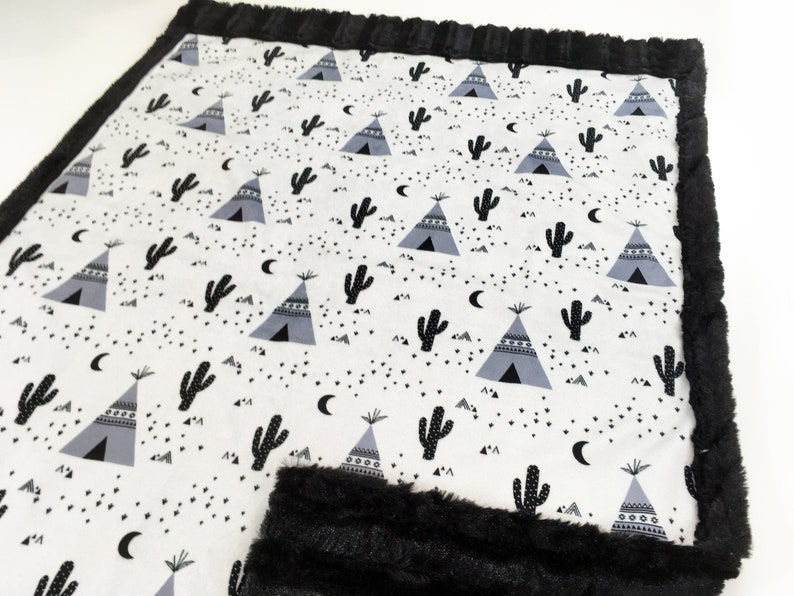 Modern Baby Minky Blanket Black and White Nursery Monochrome Baby Blanket Modern Nursery Monochrome Nursery Tipi and Cactus Minky Blanket
