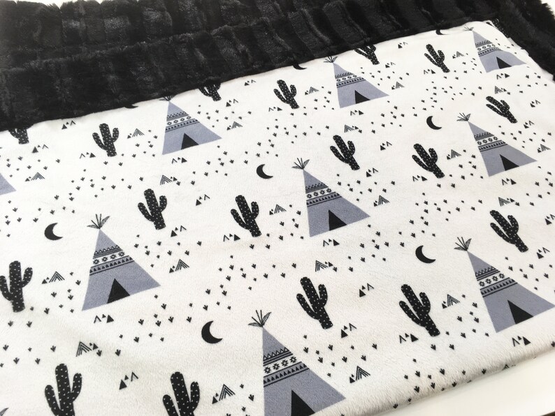 Modern Baby Minky Blanket Black and White Nursery Monochrome Baby Blanket Modern Nursery Monochrome Nursery Tipi and Cactus Minky Blanket