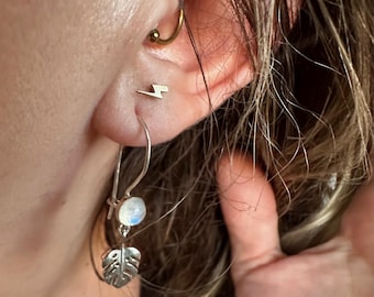 Rainbow Moonstone Sterling Silver Monstera Drop Earrings