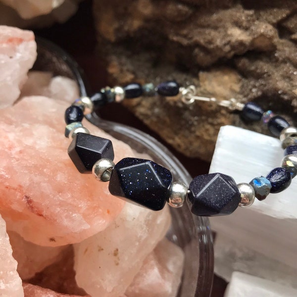 Blue Goldstone and Rainbow Druzy Sterling Silver