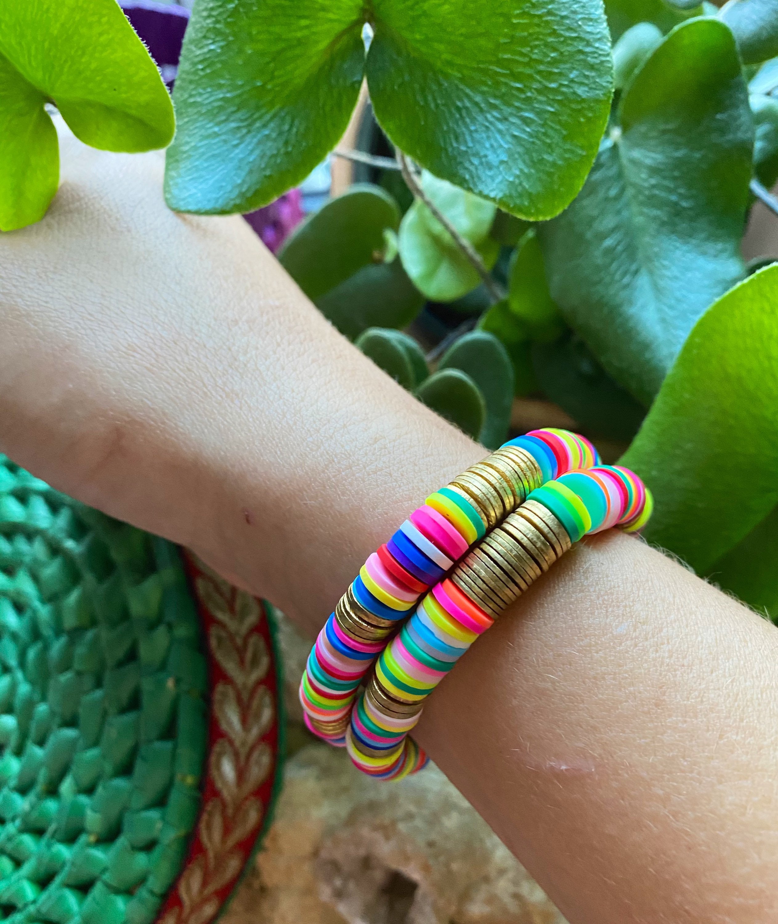 Boho Colorful Polymer Clay & Brass Stretchy Bracelets