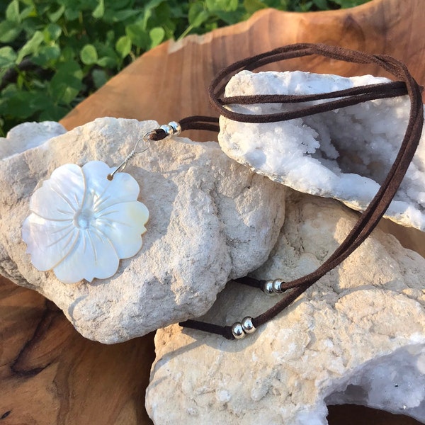 Mother of Pearl Shell Flower Sterling Silver and Vegan Leather Necklace