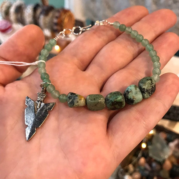 African Turquoise and Green Aventurine Arrowhead Sterling Silver Bracelet