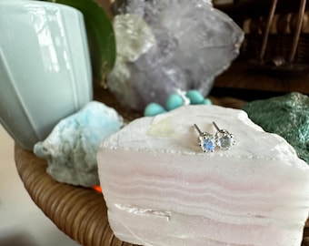 Rainbow Moonstone Sterling Silver Stud Earrings