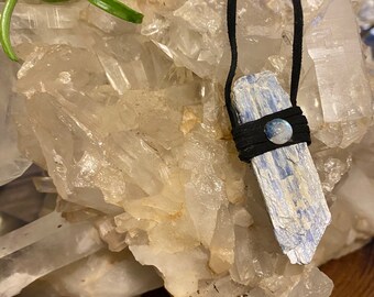Kyanite and Rainbow Moonstone Upcycled Leather & Sterling Silver Necklace