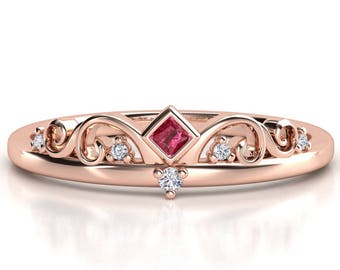 Ruby ring. Diamond engagement ring. Rose gold tiara crown ring. Rose gold ring.