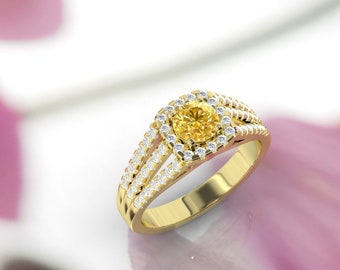 Yellow sapphire and diamond ring. Engagement ring. Diamond and sapphire ring. Available in 14K, 18K yellow, white and rose gold.