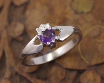 Real Amethyst and diamond contemporary Claddagh Ring. 9K, 14K, 18K or Sterling silver ladies authentic Irish Claddagh .Amethyst ring.