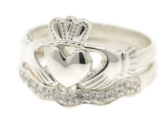Claddagh ring with matching stone set ring. Wedding ring. Engagement ring. Celtic ring. Diamond ring.