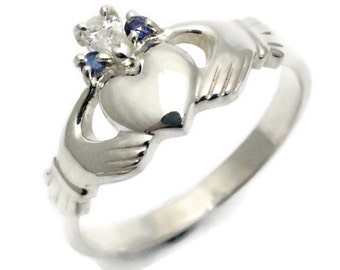Claddagh ring, real diamond and sapphire claddagh ring. 9K, 14K or 18K rose, white or yellow gold or platinum claddagh.