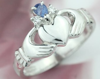 Claddagh ring, real sapphire and diamond claddagh ring. 14K or 18K white or yellow gold or platinum claddagh.