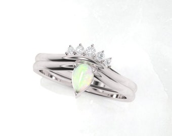 Opal Engagement ring. Diamond ring. Engagement ring set. Pear shape opal ring. Available in 14K, 18K rose, yellow and white gold.