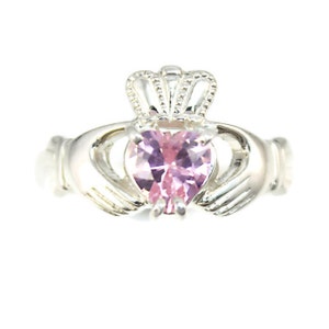 Ladies claddagh ring, real Irish jewelry with sparkling Pink Cubic Zirconia