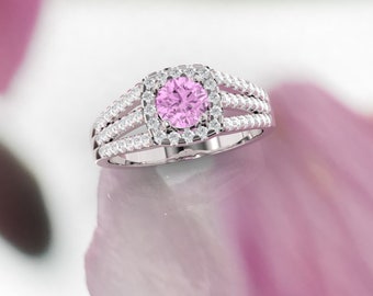 Pink sapphire and diamond ring. Engagement ring. Diamond and sapphire ring. Available in 14K, 18K yellow, white and rose gold.