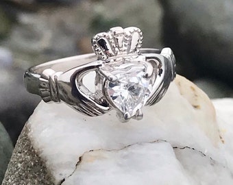 Claddagh ring. Ladies claddagh ring, sterling silver real Irish jewelry with sparkling Cubic Zirconia. Also available in 9K, 14K, 18K gold.