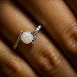 Australian Opal ring, Opal engagement ring. Diamond and opal vintage style ring. Available in 14K, 18K and Platinum.