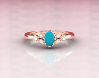 Turquoise ring. Turquoise and diamond ring. Turquoise engagement ring with fine millgrain detail. 14K, 18K or platinum.