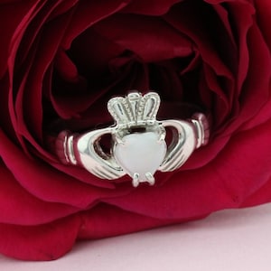 Claddagh ring. Ladies opal claddagh ring, real Irish jewelry with sparkling real opal. Silver, 9K, 14K, 18K, Platinum.