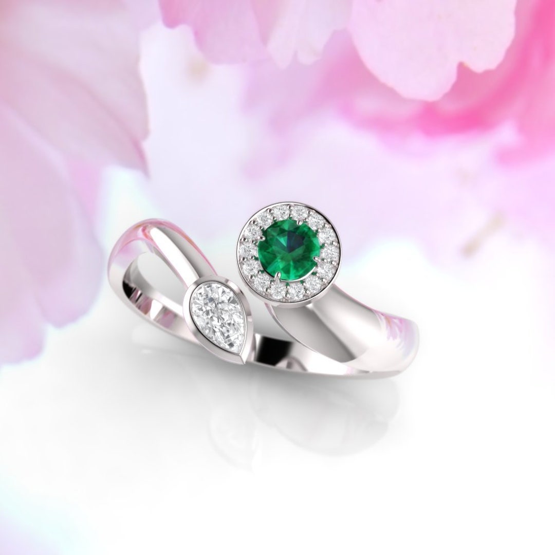 Mergering Engagement Ring. Diamond and Emerald Ring. Available in 14K, 18K, Rose ...