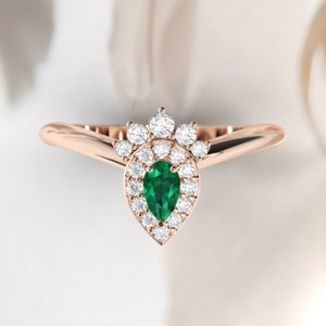 Emerald Engagement ring. Wishbone diamond ring. Rose gold pear shape diamond ring. Available in 14K, 18K rose, yellow and white gold.