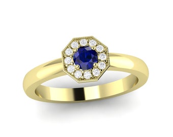 Diamond and sapphire engagement ring. Honeycomb sapphire and diamond ring. Available in 14K / 18K yellow, rose, white or platinum.