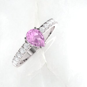 Engagement ring. Pink sapphire engagement ring. Sapphire and diamond ring. Available in 14K, 18K, yellow, white or rose gold.