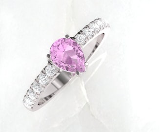 Engagement ring. Pink sapphire engagement ring. Sapphire and diamond ring. Available in 14K, 18K, yellow, white or rose gold.