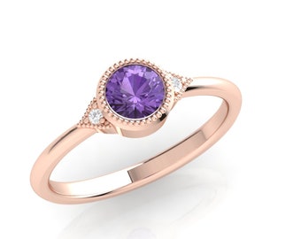 Amethyst ring. Amethyst and diamond ring with fine millgrain detail. 14K, 18K or platinum.