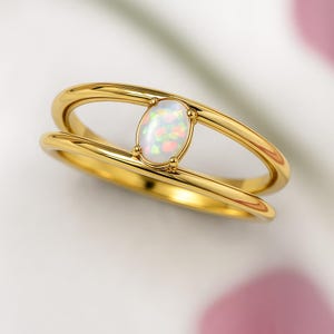 Opal ring. Opal engagement ring. Double band opal ring. Minimalist modern dainty design.