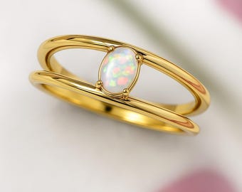 Opal ring. Opal engagement ring. Double band opal ring. Minimalist modern dainty design.