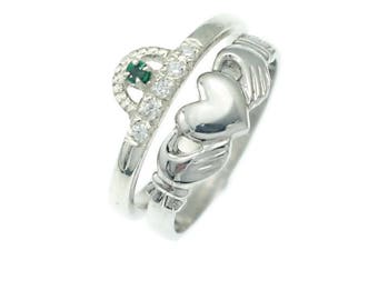 Claddagh ring. Emerald and diamond claddagh stack rings. Diamond ring. Engagement ring. Wedding ring.